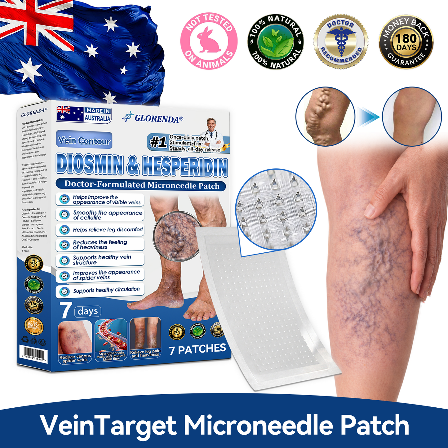 𝐆𝑳𝑶𝗥𝙀𝙉𝐃𝑨® 𝐕𝐞𝐢𝐧 𝐂𝐨𝐧𝐭𝐨𝐮𝐫 𝐌𝐢𝐜𝐫𝐨𝐧𝐞𝐞𝐝𝐥𝐞 𝐏𝐚𝐭𝐜𝐡 (𝐉𝐮𝐬𝐭 𝐎𝐧𝐜𝐞 𝐃𝐚𝐢𝐥𝐲, 𝐕𝐢𝐬𝐢𝐛𝐥𝐞 𝐑𝐞𝐬𝐮𝐥𝐭𝐬 𝐢𝐧 𝟕 𝐃𝐚𝐲𝐬) — 𝐒𝐮𝐢𝐭𝐚𝐛𝐥𝐞 𝐟𝐨𝐫 𝐕𝐚𝐫𝐢𝐜𝐨𝐬𝐞 𝐕𝐞𝐢𝐧𝐬 𝐚𝐧𝐝 𝐒𝐩𝐢𝐝𝐞𝐫 𝐕𝐞𝐢𝐧𝐬, 𝐇𝐞𝐥𝐩𝐬 𝐑𝐞𝐥𝐢𝐞𝐯𝐞 𝐋𝐞𝐠 𝐇𝐞𝐚𝐯𝐢𝐧𝐞𝐬𝐬, 𝐅𝐚𝐭𝐢𝐠𝐮𝐞, 𝐚𝐧𝐝 𝐉𝐨𝐢𝐧𝐭 𝐏𝐚𝐢𝐧